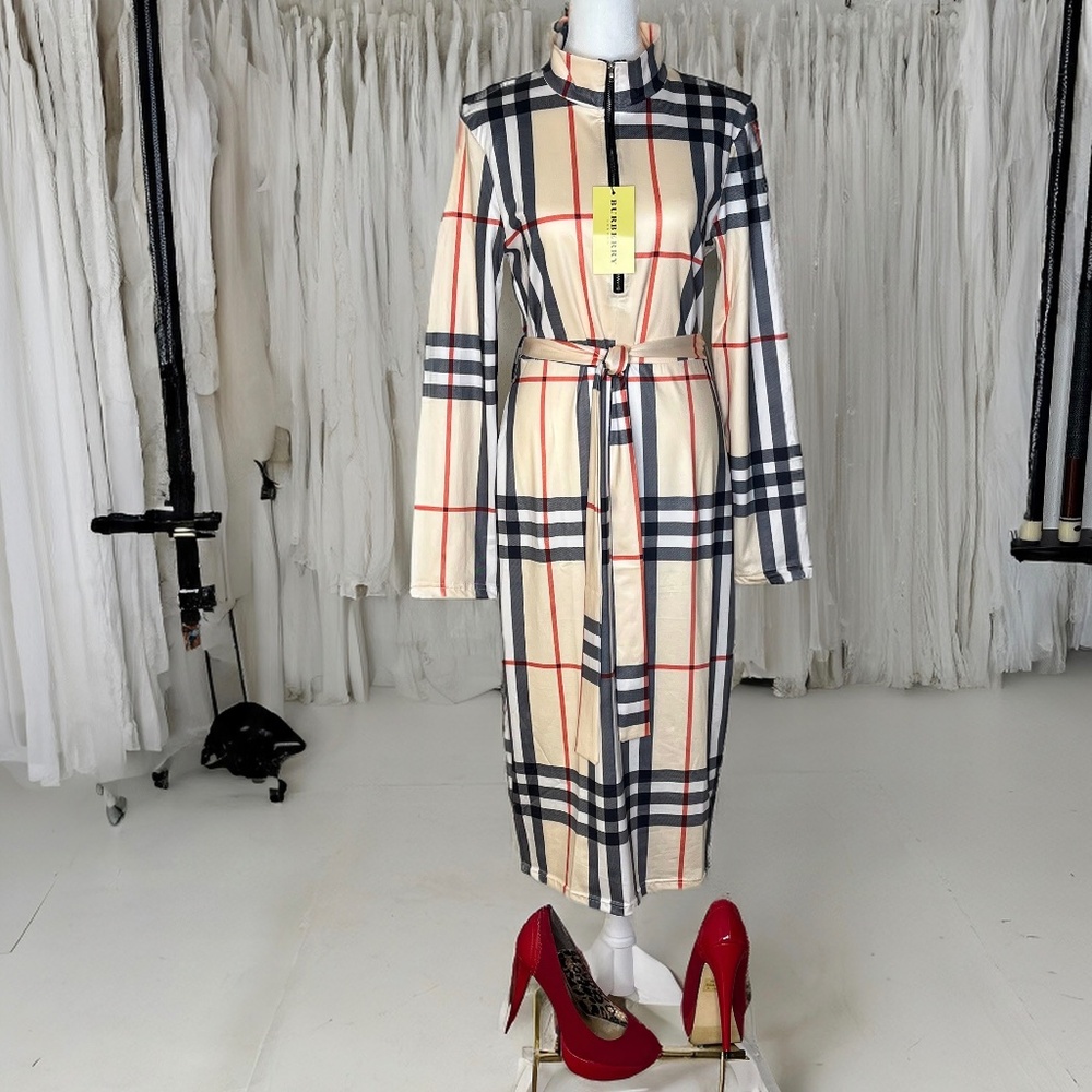 Luxury Inspired Plaid Peach/White/Black/Red Dress